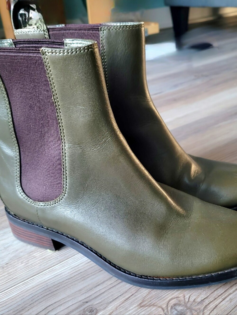 COLE HANN Olive Green genuine Leather Ankle Boot with Brass Ring- Waterproof